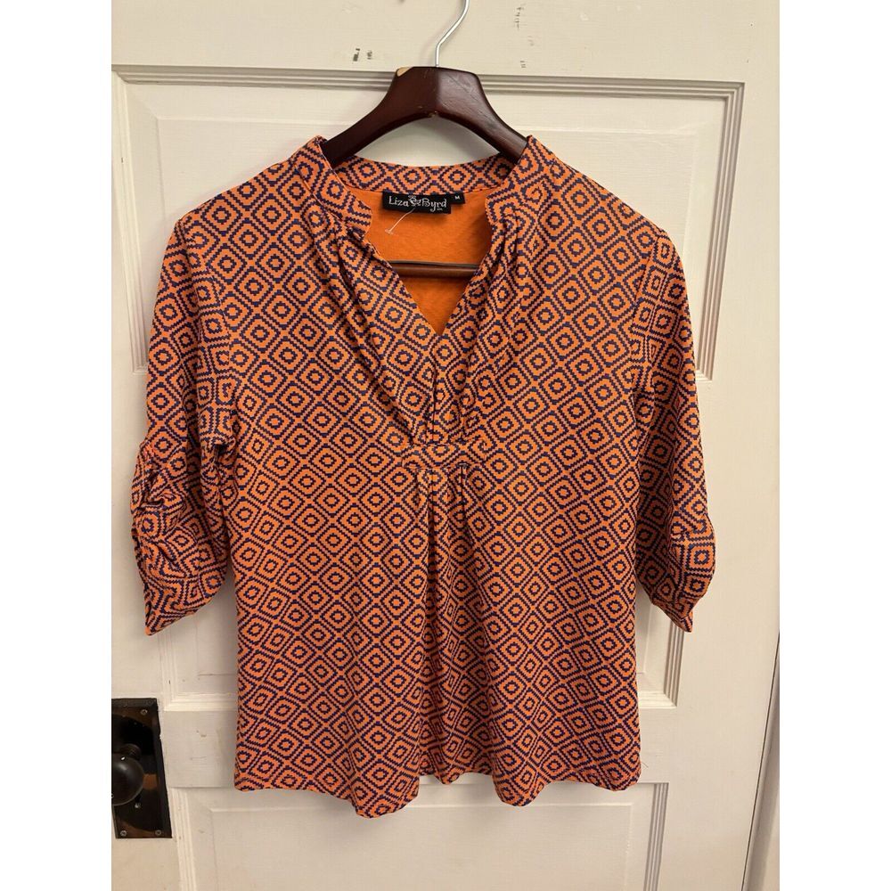 Liza Byrd Orange‎ And Blue 100% Cotton Tab Sleeve Top Size M NWOT